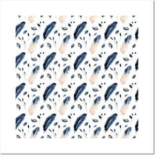Blue feather leaf watercolor seamless pattern Posters and Art